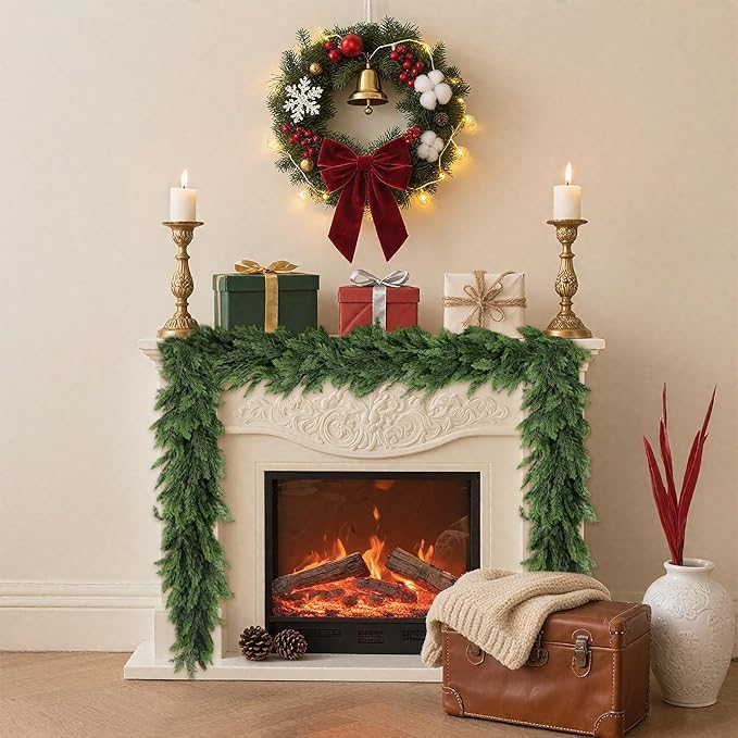 9FT Artificial Christmas Cedar Garland, Realistic Soft and Thick Touch Greenery Cedar Pine Garlands for Mantle Table Fireplace Door Stairs Holiday Christmas Decorations Outdoor Indoor(1pcs)
