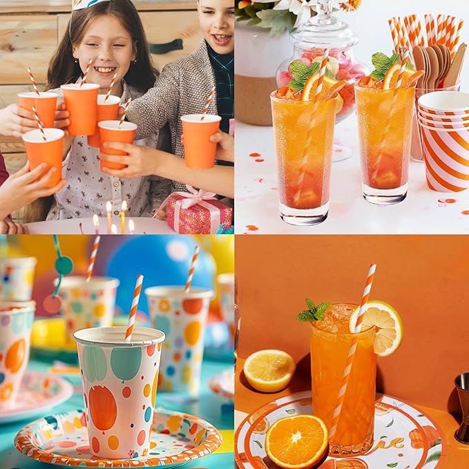 Compostable 7.75 inch Orange White Striped Paper Drinking Straws, 100 Counts - for Cocktail, Juice, Coffee, Bars, Restaurants