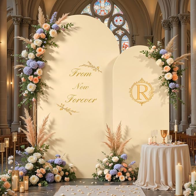 7.2FT 6FT Arch Backdrop Cover for Wedding, Set of 2 Stretchy Spandex Fitted Arch Stand Cover for Baby Shower, Birthday Party Decor, Chiara Backdrop Cover with Double-Sided Design(Ivory,Champagne)