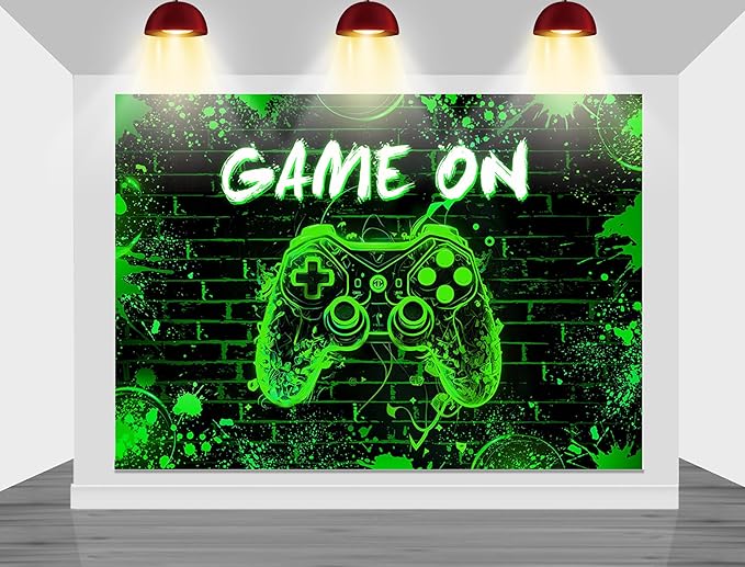 Mocsicka Game On Backdrop Video Game for Boys Level Up Birthday Party Decoration Game Night Arcade Neon Glow Gamer Banner Photography Background (Green, 6x4ft(72"x48"))