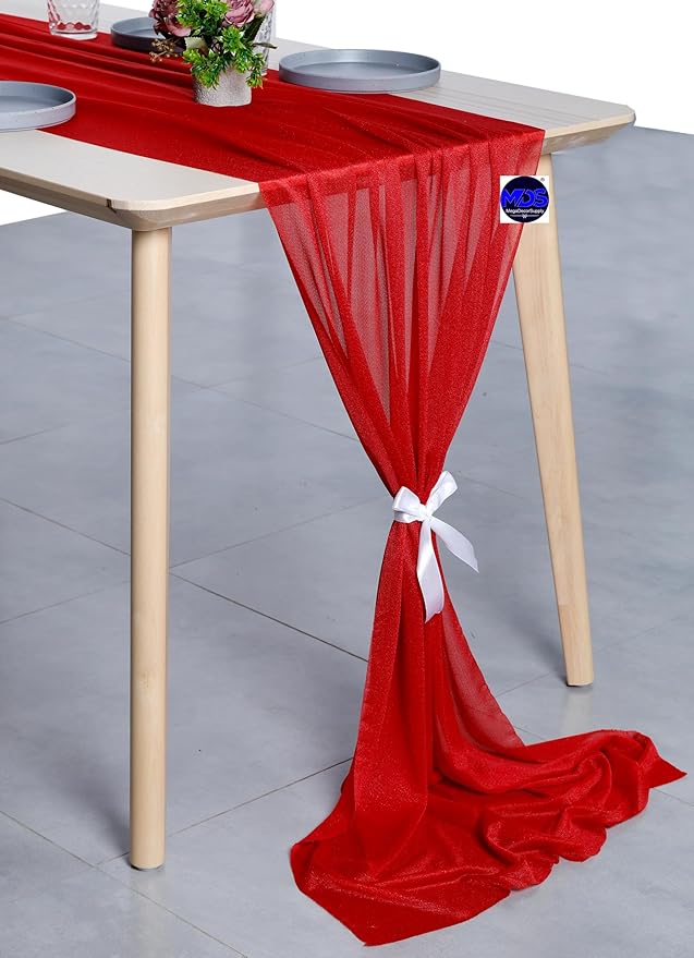 MDS 2 Pack 10ft Chiffon Table Runner 29 x 120 Inches Sheer Wedding Runner Romantic Rustic Table Runner for Wedding Decorations, Birthday Parties, Bridal Shower Party Arch Decor - Red