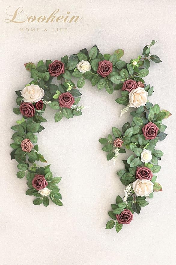 Lookein Artificial Rose Flower Garland Greenery Garland 5FT for Wedding Ceremony Backdrop Arch Flowers Table Centerpieces Decorations, Cream Plum