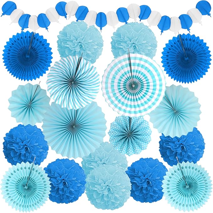 Party Decorations, Blue Papar Fans Pompoms Garlands for Men Boy Fathers Day Graduation Bachelorette Wedding Birthday Baby Showers Birthday Party Decoration