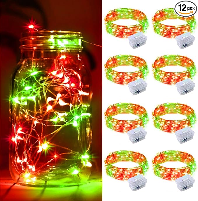 ZGWJ 8 Pack Christmas Fairy Lights Battery Operated, 7ft 20LED Mini Fairy String Lights Silver Wire 3 Modes Waterproof for Christmas Tree DIY, Parties, Bedroom Decorations Red&Green Red&Green