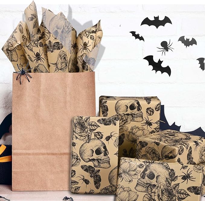 100 Sheets 20 * 14 Inches Vintage Halloween Tissue Paper Kraft Gothic Floral Skull Moth Spider Printed Tissue Paper for Gift Wrapping Spooky Decorative Tissue for Halloween Party DIY Craft Supplies