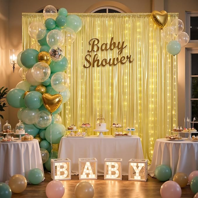 20x10 Gold Sequin Backdrop Curtain with Lights-Wrinkle Free Thick Glitter Backdrop Drapes for Wedding Parties Events Halloween Decor-4 Panels 5×10ft Shimmer Photo Booth Background for Photography