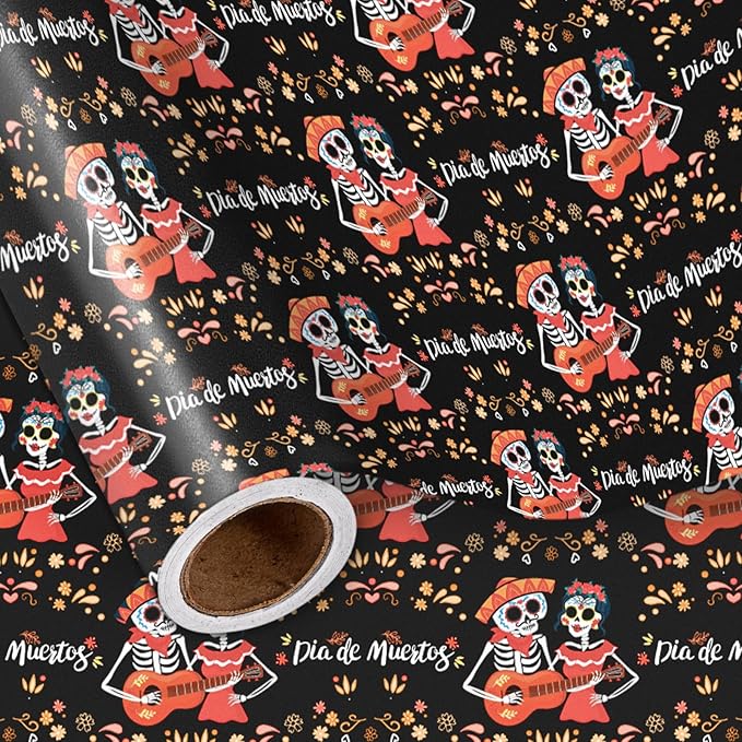 LeZakaa Day of the Dead Wrapping Paper Roll, Skulls, Día de Muertos Skeleton Couple Playing Guitar Design, for Party Celebrations, Romance, Mini Roll 17 in x 16.4 Ft