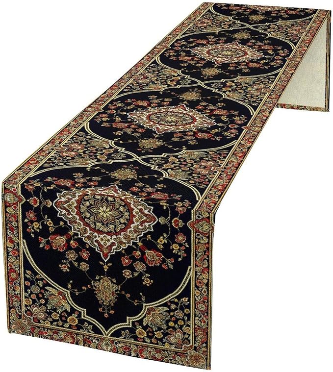 Vintage Boho Floral Table Runner, Rustic Country Farmhouse Black Bohemia Flower Pattern for Home Kitchen Table Decor Dining Cafe Room Wedding Party Decor 13x90in