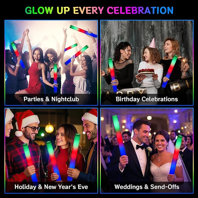 AOWDIAO 100 Pcs 16″ Foam LED Glow Sticks, 3 Light Up Modes, Party Favors for Wedding, Festival & More