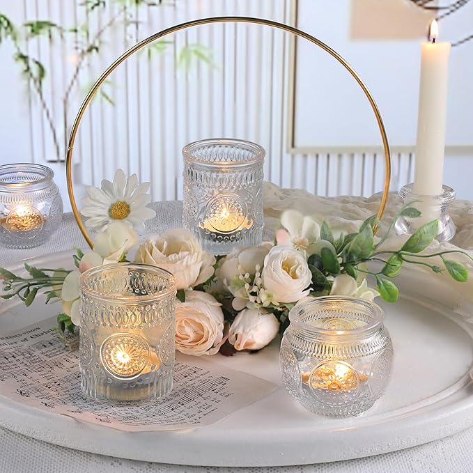 DARJEN 12Pcs Clear Votive Candle Holders - Glass Tea Light Candle Holder, Clear Votives, Embossed Candle Votives for Wedding Centerpiece & Home Decoration
