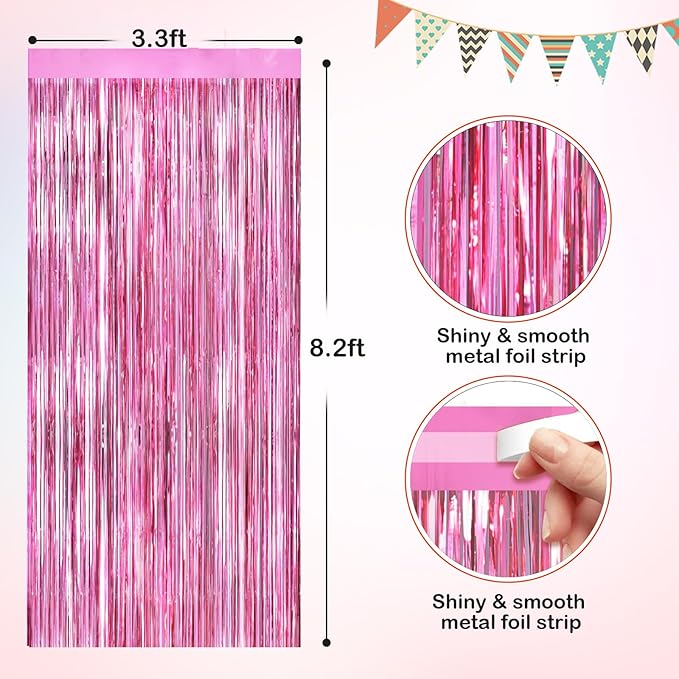 Pink Metallic Tinsel Foil Fringe Curtains, 2 Pack 3.3x8.3 Feet Party Streamer for Birthday Party Decorations, Halloween Decor, Foil Curtain Backdrop for Bachelorette Party