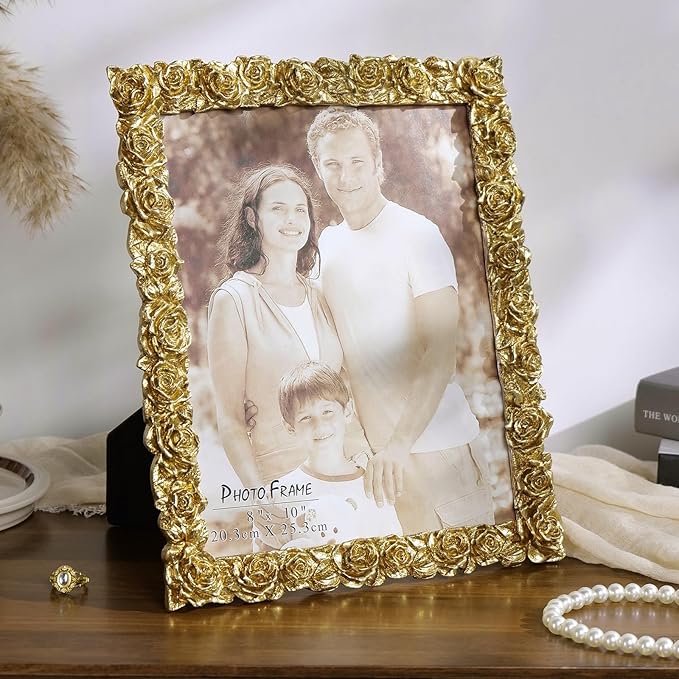 Cuspin 8x10 Picture Frame Vintage, Gold Ornate Rose Flower Resin Photo Frame with Glass Front for Tabletop, Antique Picture Frames for Home Decor
