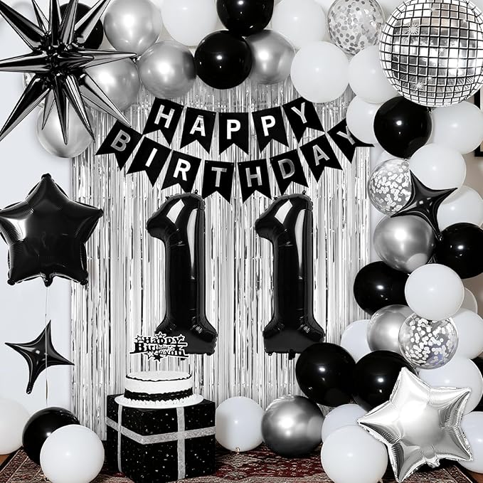 11th Birthday Decorations for Boys Girls, Black Silver Happy Birthday Party Decorations， 11 Year Old Party Supplies with Number 11 Balloons, Banner, Fringe Curtains Kit