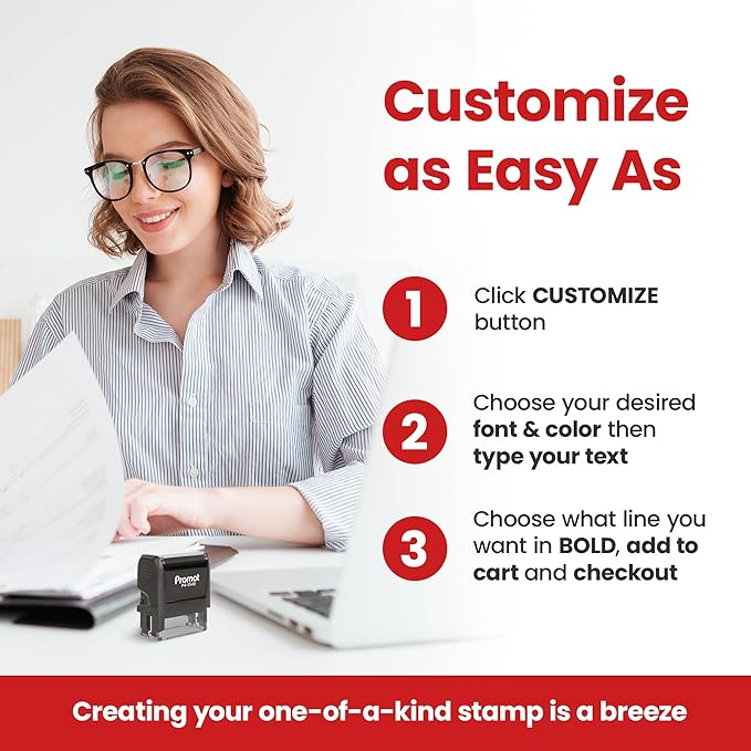 Promot Self Inking 1 Line Custom Stamp - Personalized Name Stamp for Office, Teacher, Address & Business Label Stamp - Choose Font, Ink Color, Pad, for Personal & Professional Use - Small