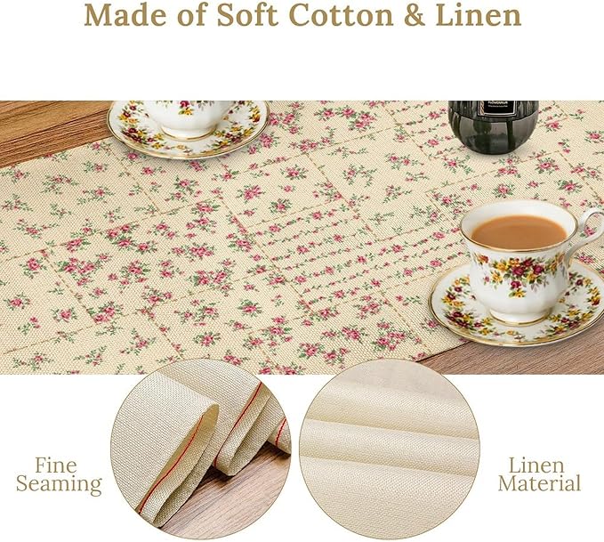 Floral Table Runner, Watercolor Rose Flower Kitchen Table Decoration Vintage Spring Home Tablecloth for Birthday Party Picnic Decoration 13x60 Inch 1PCS