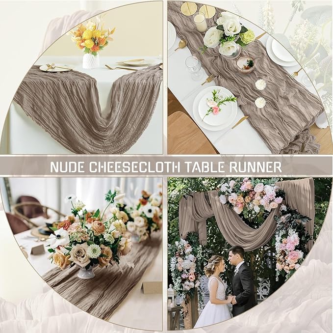 4 Pack Nude Cheesecloth Table Runner 35x120 Inch Boho Gauze Fabric Cheese Cloth Table Runner 10Ft Rustic Romantic Sheer Table Runners for Wedding Party Bridal Baby Shower Long Table Decoration