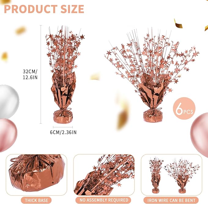6 Pack Star Table Centerpieces for Party, Birthday Table Decorations for Kids Adults, Party Centerpieces for Tables for Wedding Baby Shower Graduation Holiday Event (Rose Gold)