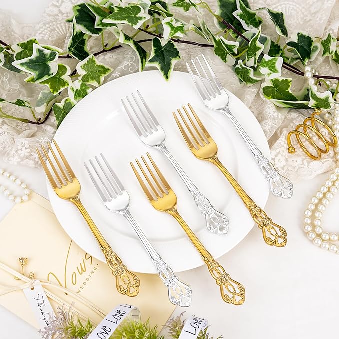 150PCS Gold Plastic Forks - 8.1inch Gold Forks Disposable - Vintage Heavy Duty Dessert Forks - Premium Fancy Plastic Silverware for Parties, Weddings, Dinners and Events