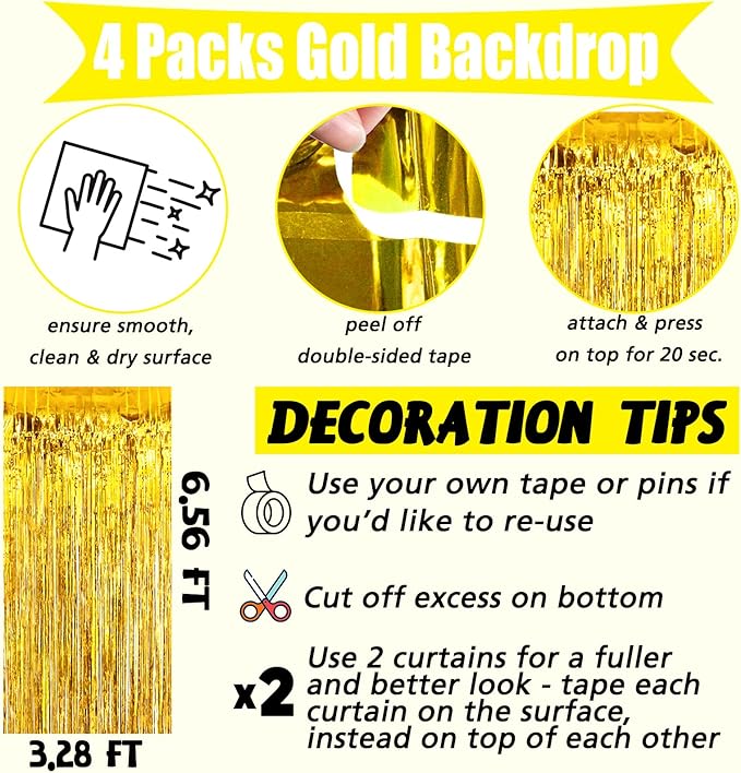 4 Pack Gold Fringe Curtain Backdrop, 3.2Ft x 6.6Ft Metallic Tinsel Foil Fringe Streamers Background for Photo Booth Birthday Wedding Baby Shower Carnival Easter Mother’s Day Party Decorations