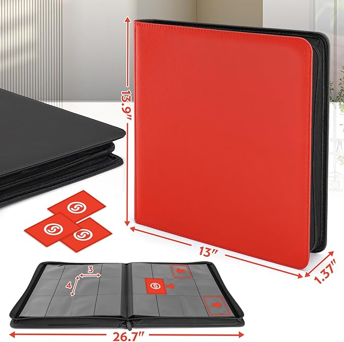SMYV 12 Pocket Trading Card Binder, Premium PU Cover Card Binder for 720 Cards, Ringless Side Loading Card Collection Album Folders for MTG, TCG, Game Cards & Sports Cards (Red)