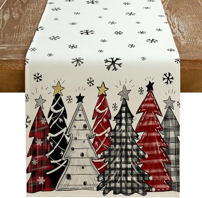 GEEORY Christmas Table Runner 13x36 Inch, Xmas Tees Snowflakes Holiday Decorative Farmhouse Table Decoration for Kitchen Dinning, Indoor Outdoor Dinner Party Decor (Red & Black) GT165-36