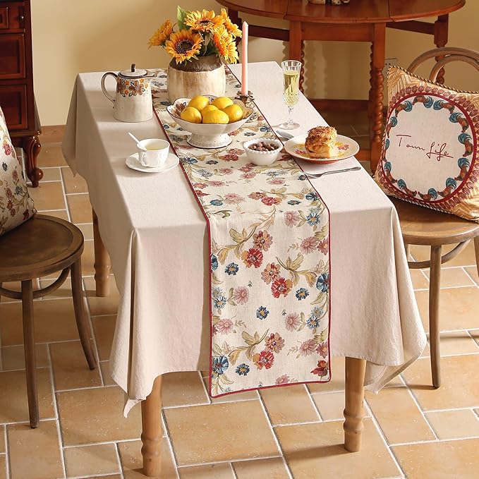 patdrea Designer Farmhouse Linen Extra Long Table Runner, Rustic Cottage Beige with Floral Pattern Fabric Table Mat, Decoration for Kitchen Dining Coffee Table Banquet Christmas , 12"*118"