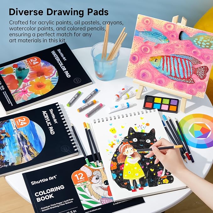 Shuttle Art Deluxe Gift Art Kit, 202-Piece Wooden Art Supplies Set with 4 Drawing Pads, Canvases, Coloring Sheets, Acrylic Paint, Crayons, Oil Pastels, Colored Pencils for Kids