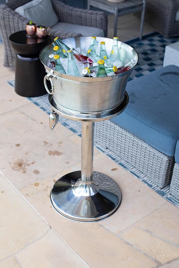 BIRDROCK HOME Metal Beverage Tub w/Stand, Scoop & Bottle Opener - Stainless Steel Double Wall Ice Cooler - Large Drinks, Beer, Wine, Champagne Chiller Buckets w/Holder for Parties - Silver Container