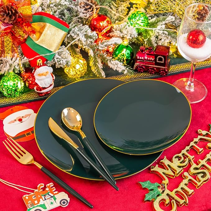 Liacere 150PCS Green Plastic Plates - Gold Plastic Silverware with Green Handle - Heavy Duty Fancy Plastic Plates Disposable Include 30 Guests Plates, Forks, Spoons, Knives for wedding＆Labor Day