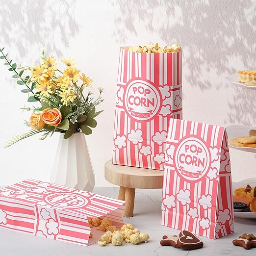 200 Pcs Paper Popcorn Bags Bulk 2 oz Large Flat Bottom Boxes Red and White Disposable Container Sleeve Movie Night Popcorn Bucket for Retro Movie Themed Party Carnival Supplies (Pink and White)