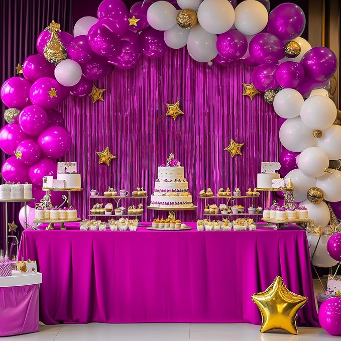 2 Pack Metallic Fuchsia Fringe Backdrop, 3.2x8.2ft Shining Foil Tinsel Curtains, Birthday Party Decorations Door Streamers for Halloween, Christmas, Wedding, Graduation, Holiday, Theme Events