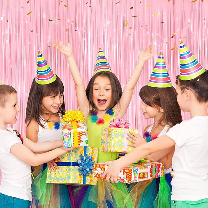 2 Pack Pastel Pink Metallic Tinsel Foil Fringe Curtains, Door Streamers Photo Booth Backdrop for Birthday Party, Tinsel Curtain Backdrop for Baby Shower Bachelorette Christmas Party Decorations