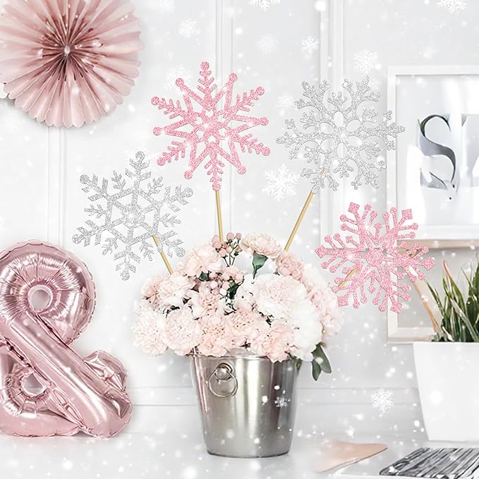 Snowflake Centerpiece Sticks Winter Frozen Theme Party Decorations 12PCS Glitter Snowflakes Table Toppers Ice Snowflake Centerpieces for Christmas Holiday Birthday Party Baby Shower Supplies