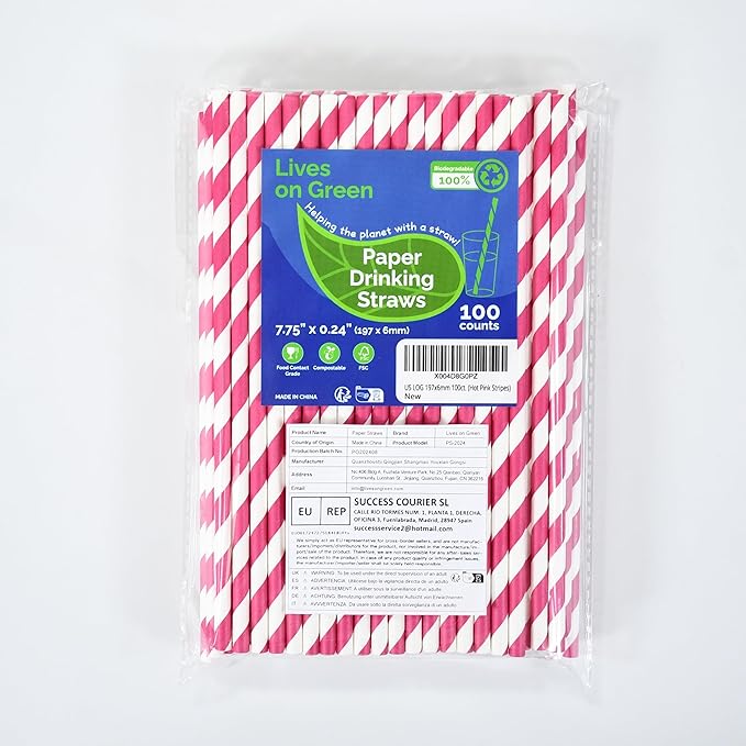 7.75 inch Hot Pink Striped Paper Straws for Drinking - Unwrapped, 100 Counts - for Party, Wedding, Cocktail, Beverage