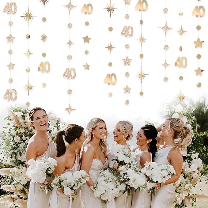 Champagne Gold 40th Birthday Decorations Number 40 Circle Dot Twinkle Star Garland Streamer Banner Backdrop for Women Mens Cheers to 40 Years Old Birthday Happy 40th Anniversary Party Supplies
