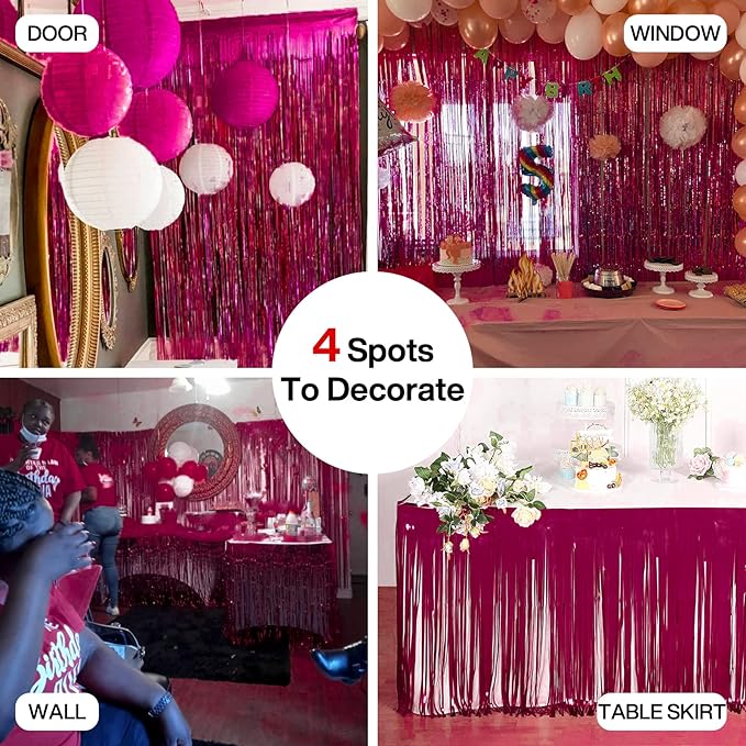 PartyWoo Foil Fringe Curtains, 2 pcs 3.3x6.6 ft Burgundy Red Streamers, Fringe Backdrop, Party Backdrop Curtain, Tinsel Curtains, Door Shimmer, Streamers Party Decorations for Birthday, Christmas