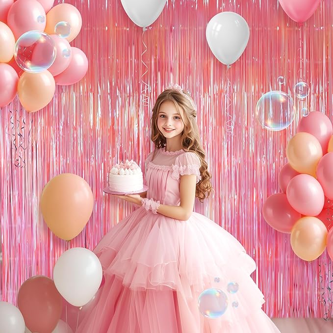 2 Pack Pink Iridescent Streamers Backdrop, 3.3x6.6ft Foil Fringe Curtains Holographic Door Tinsel Streamers for Birthday, Wedding, Holiday, Bachelorette, Baby Shower Theme Party Decorations