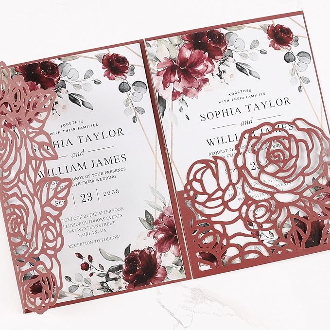 50pcs Tri Fold Wedding invitations Rose Hollow Laser Cut 5x7 '' Wedding Invitation Cards with Envelopes and RSVP Cards for Wedding Engagement Bridal Shower Quinceanera Party Invite Burgundy