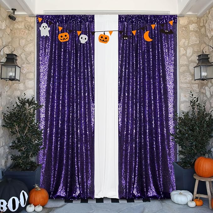 Eternal Beauty Purple Sequin Backdrop Curtains, Halloween Shimmer Back Drop 2Panels-2FTx8FT for Christmas, Party, Birthday, Photography, Wedding, Baby Shower Event Decoration