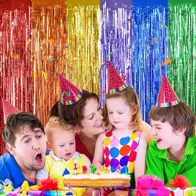 BEISHIDA 4 Pack Rainbow Streamers Fringe Foil Curtain Backdrop, Tinsel Curtain Wall Door Party Streamers for Birthday Party Decoration(3.28 ft x 6.56 ft)