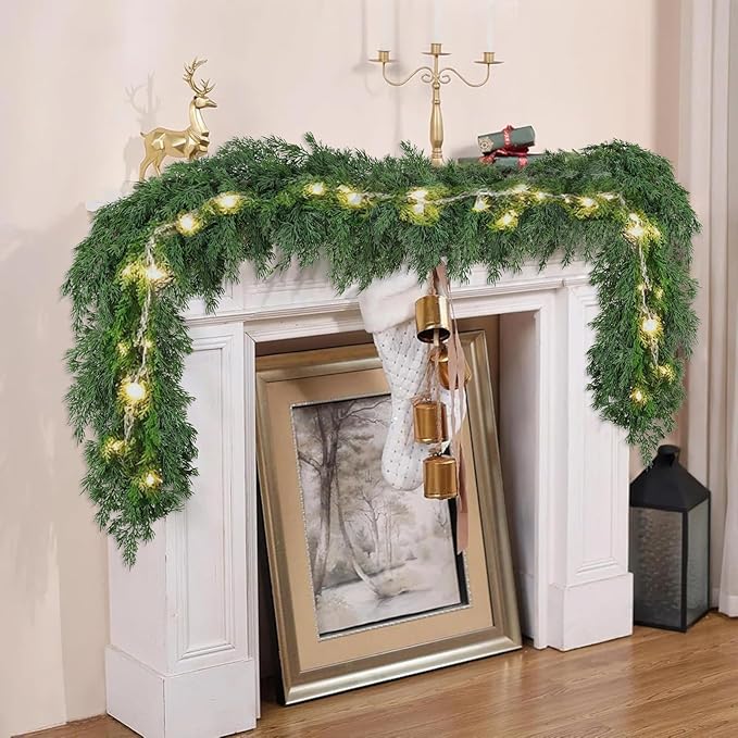 9ft Christmas Cedar Garland, Real Touch Pine Garland, Realistic Cypress Garlands Christmas Decorations for Mantel, Table, Stairs, Porch - Indoor Outdoor Xmas Holiday Decor