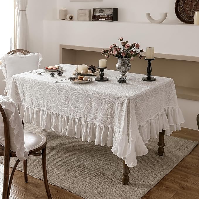 patdrea Vintage Ruffle Tablecloth for Rectangle Tables,Farmhouse Embroidered Cotton White Lace Table Cloth Cover Decor for Dining Room Wedding Banquet Thanksgiving Christmas,59"*75"