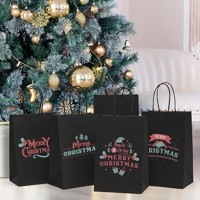 MESHA Gift Paper Bags 500 PACK 5.25x3.75x8'' Black Medium Shopping Kraft Bags Bulk with Handles Reusable for Business,Grocery,Birthday,Wedding,Kids Party,Favors