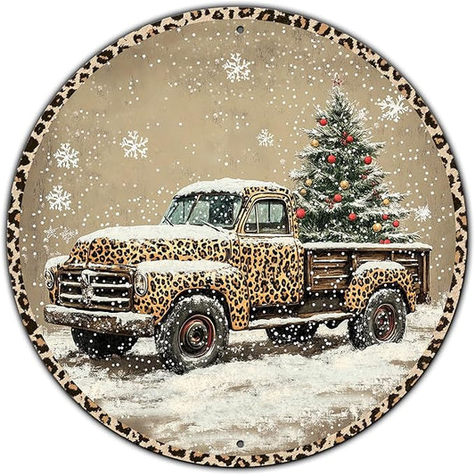 Round Leopard Truck Metal Tin Sign Rustic Wall Decor Christmas Wreath Sign Christmas Wreath Door Hanging Wall Decoration Bar Home Round 12 * 12 in