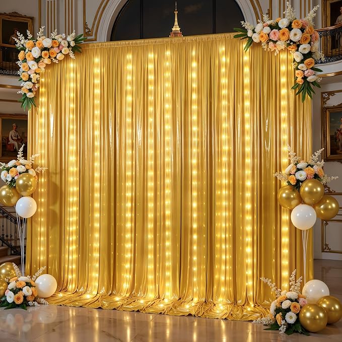 PartyVillage 10x10FT Gold Sequin Backdrop Curtain with String Lights – 2 Panels 5x10FT Sparkly Wrinkle-Free Glitter Backdrop Drapes for Birthday, Wedding, Photography, Graduation Party Décor
