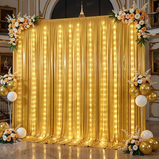 PartyVillage 30x10FT Gold Sequin Backdrop Curtain with String Lights – 6 Panels 5x10FT Sparkly Wrinkle-Free Glitter Backdrop Drapes for Birthday, Wedding, Photography, Graduation Party Décor