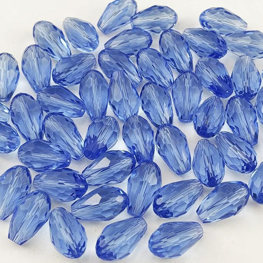 100pcs 8x12mm Teardrop Crystal Glass Beads for Jewelry Making, Faceted Vertical Hole Teardrop Glass Spacer Beads for Wind Chimes Bracelet Earring Necklace DIY Craft(Light Blue)