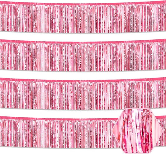 4 Pack 10 Feet Pink Foil Fringe Garland Metallic Tinsel Streamers Banner Wall Hanging Curtain Backdrop for Parade Floats, Wedding, Graduate, Mother's Day, Birthday Party Decoration