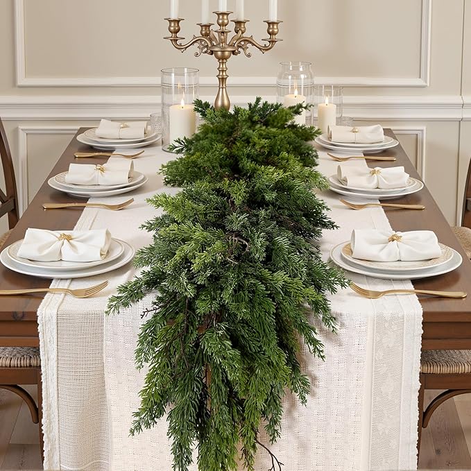 2PCS 9FT Artificial Christmas Garland, Cedar Garland -Real Touch Greenery Cypress Pine Garland for Mantle Table Railing Fireplace Indoor & Outdoor Christmas Decorations