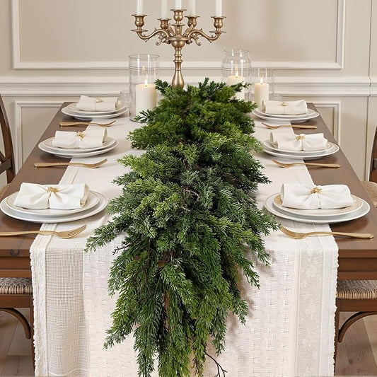 2PCS 9FT Artificial Christmas Garland, Cedar Garland -Real Touch Greenery Cypress Pine Garland for Mantle Table Railing Fireplace Indoor & Outdoor Christmas Decorations